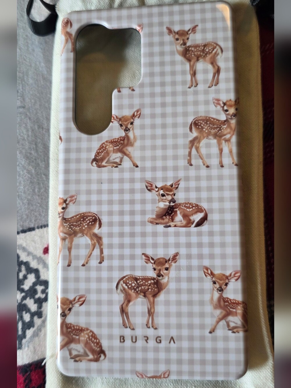 Burga Beige Gingham Phone Case with Fawn Deer Print